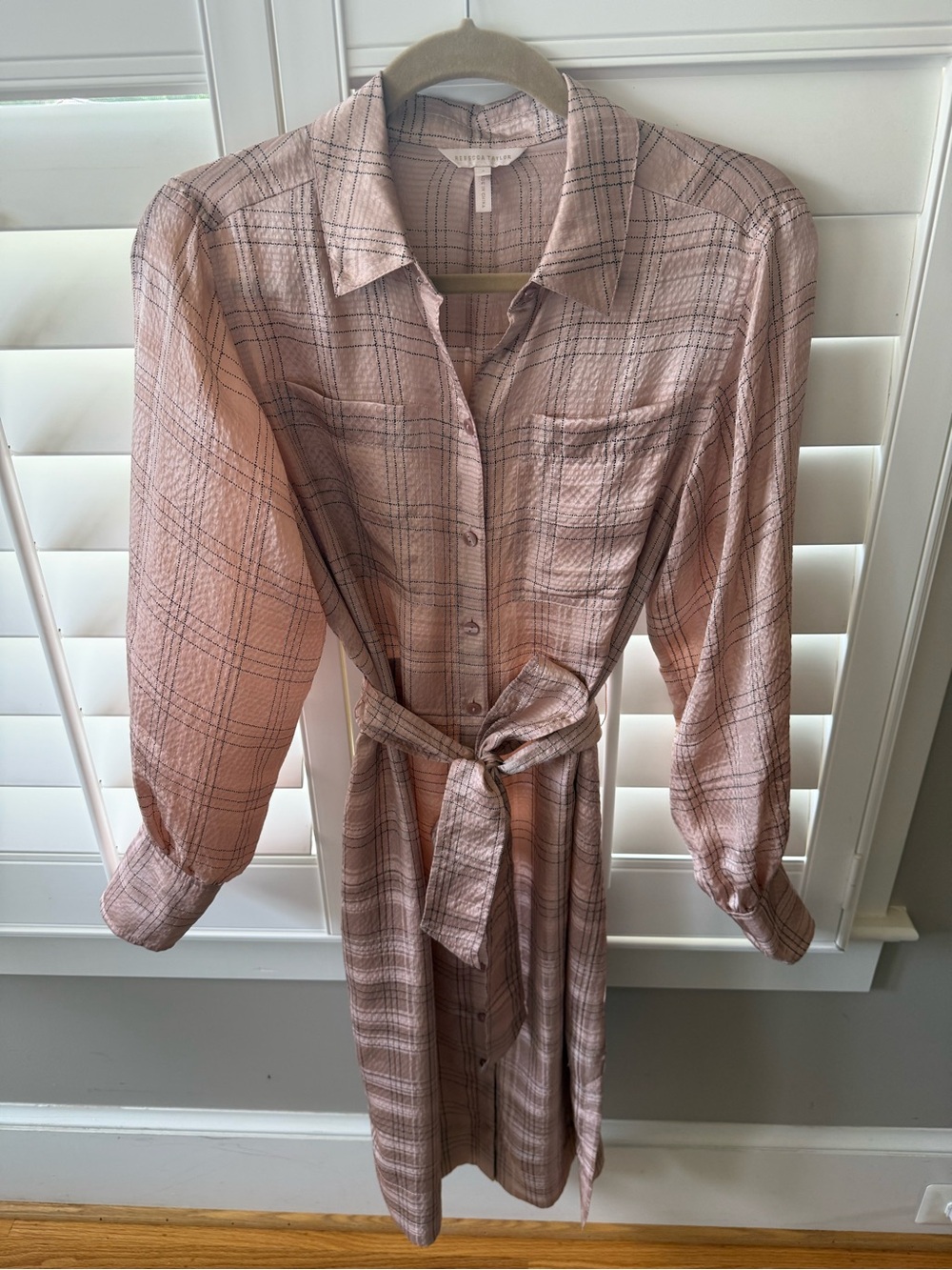 Rebecca Taylor Button-Front Pink Plaid Shirt Dress with Waist Tie